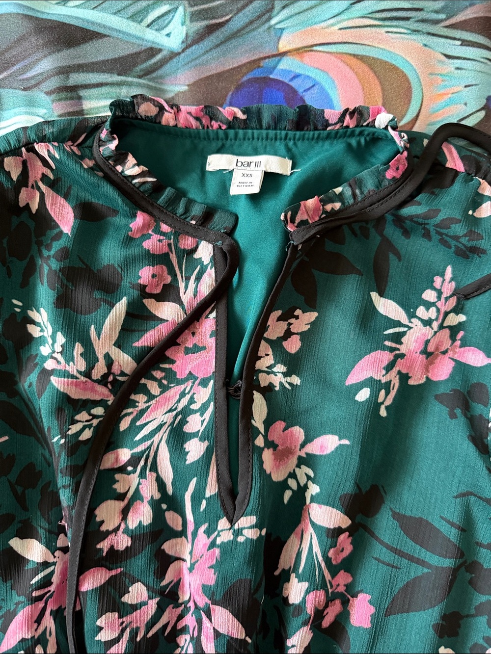 Bar III Teal Floral Ruffle Neck Blouse with Pink Blooms
